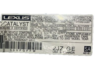 Lexus 11298-46181 Plate, Emission Control Information