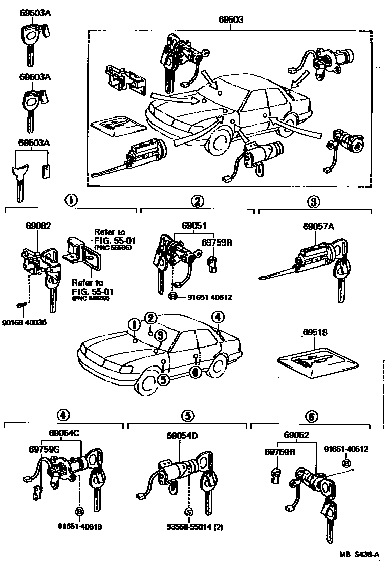 Lexus 69055-50010 Luggage Compartment Lock Cylinder & Key Set